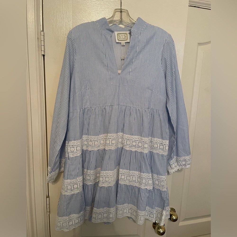 SAIL TO SABLE X STYLE CHARADE Blue Seersucker Charlotte Dress NWT - Picture 3 of 9